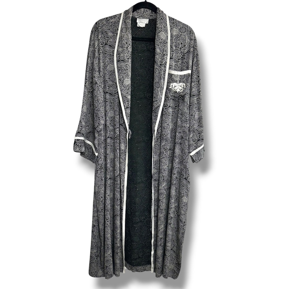 Natori Neiman Marcus Vintage Paisley Jacquard Robe Duster Black White Medium